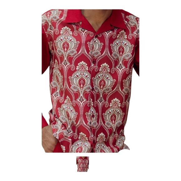 MEN'S MONTIQUE WINE PRINT DESIGN WALKING SUIT 2 PIECE LONG SLEEVE SET. 2377 WINE - Picture 2 of 2